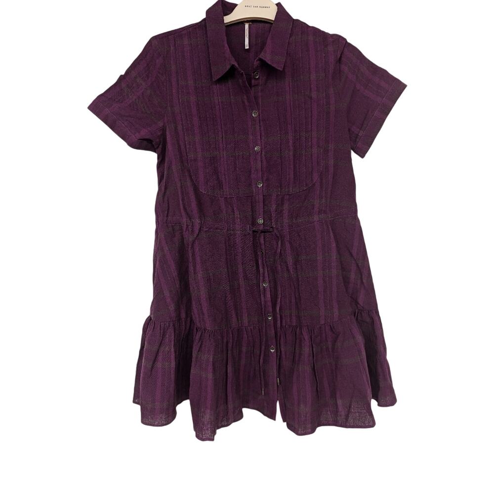new Free people purple checkered mini dress short sleeve plaid printed Sz XS 2-4